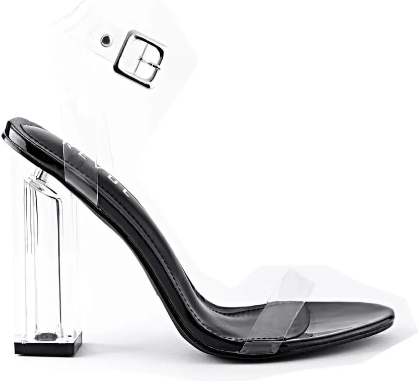 REVOL Maria-2 Clear Chunky Block High Heels for Women, Transparent Strappy Open Toe Shoes Heels for Women