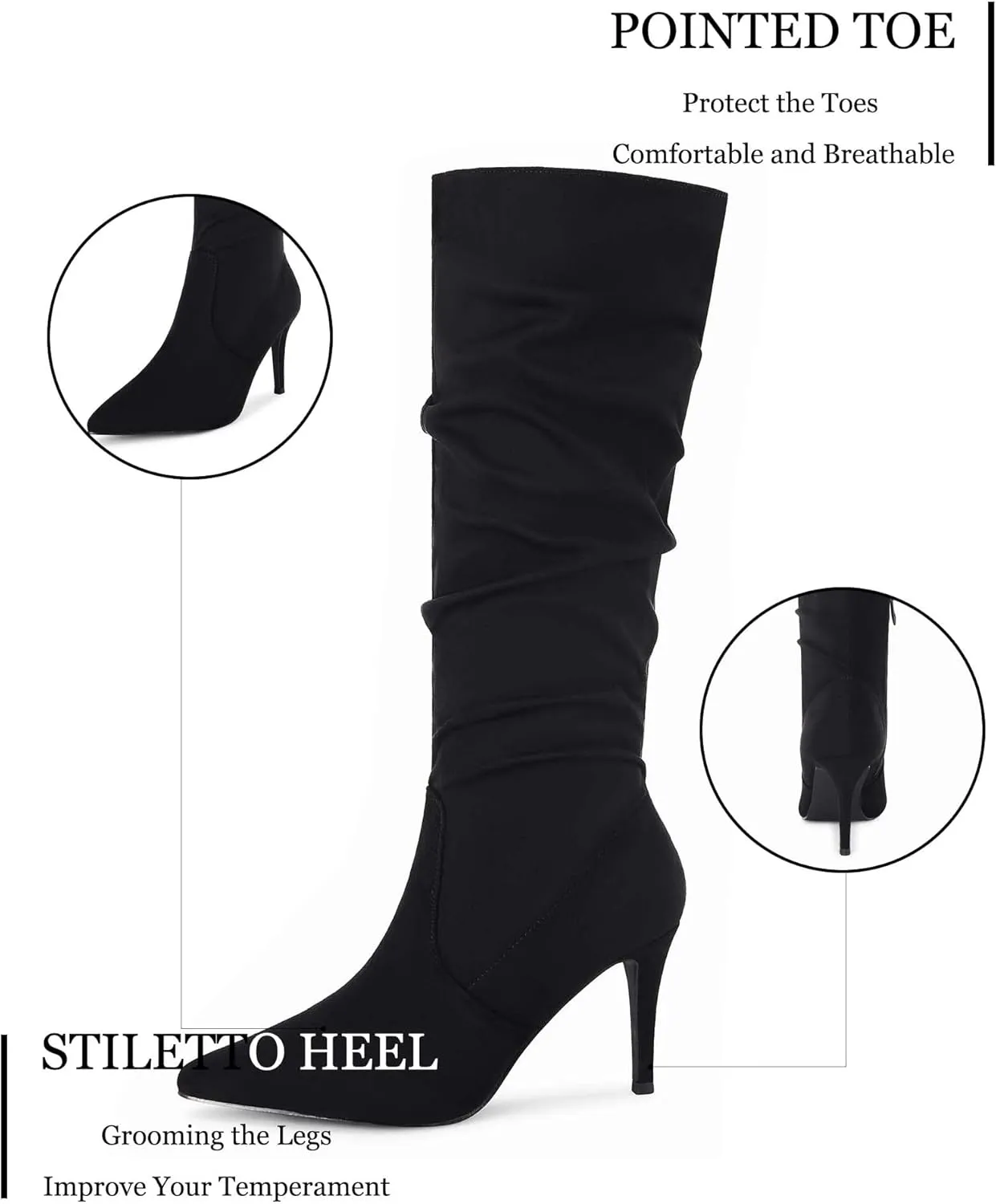 Rilista Womens Knee High Boots Pointed Toe High Heel Fall Fashion Mid Calf Stiletto Booties