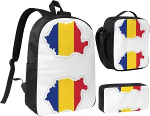 Romania Flag Map print 3 Piece Backpack Bags with Lunch Box Pencil Case Set for Travel Work Camping Unisex