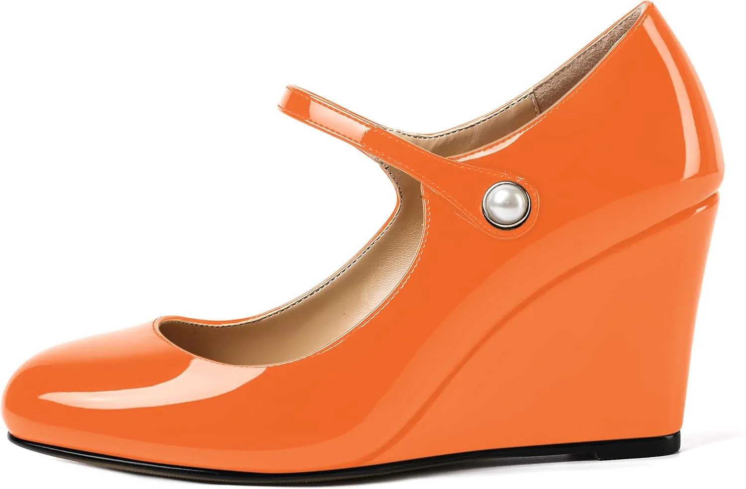 ROSERWISH Womens Ankle Strap Party Patent Fashion Sexy Round Toe Wedge High Heel Pumps Dress Shoes 3.5 Inch