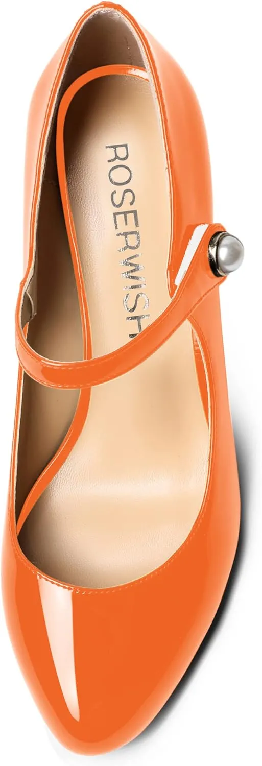 ROSERWISH Womens Ankle Strap Party Patent Fashion Sexy Round Toe Wedge High Heel Pumps Dress Shoes 3.5 Inch