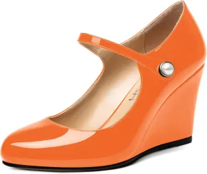ROSERWISH Womens Ankle Strap Party Patent Fashion Sexy Round Toe Wedge High Heel Pumps Dress Shoes 3.5 Inch