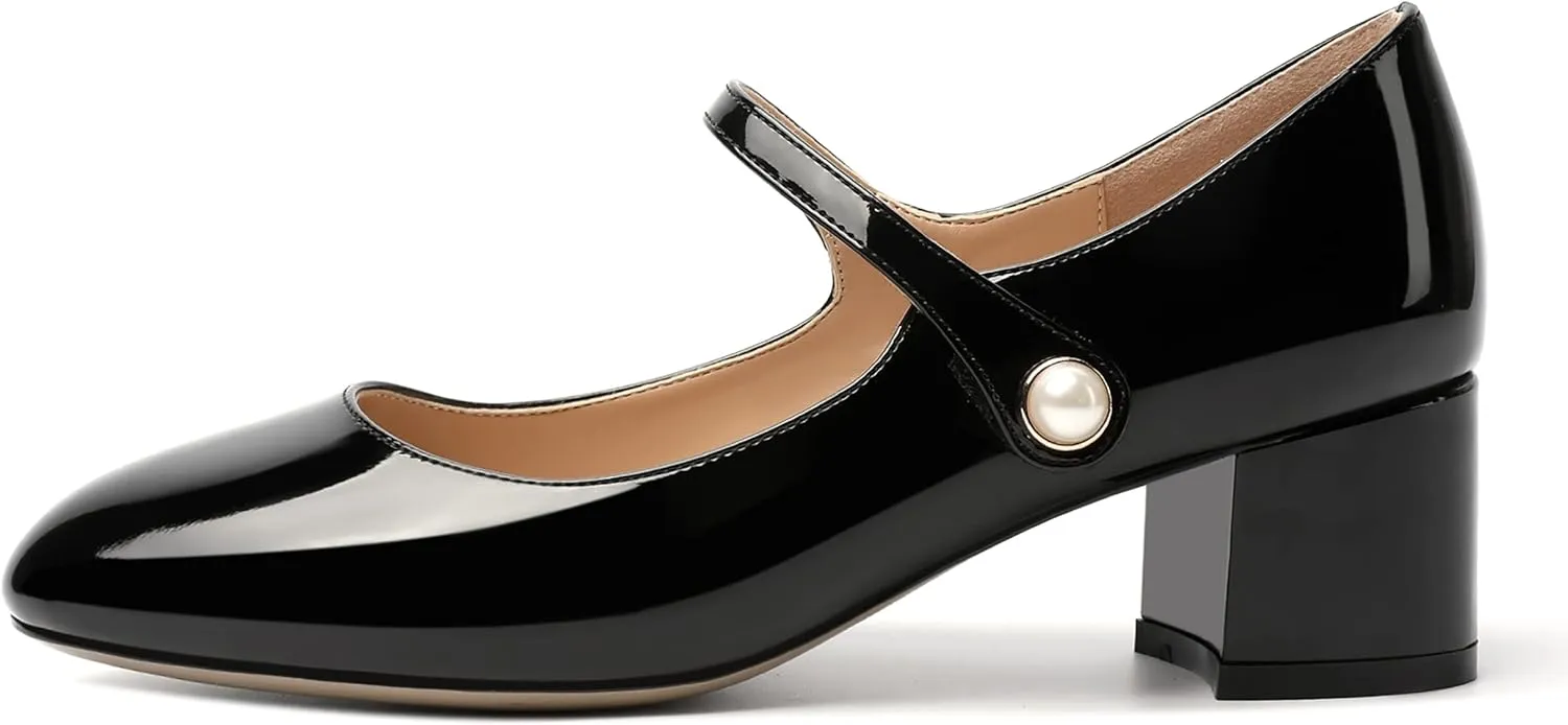 ROSERWISH Womens Strap Patent Ankle Strap Uniform Cute Round Toe Chunky Low Heel Pumps Shoes 2 Inch