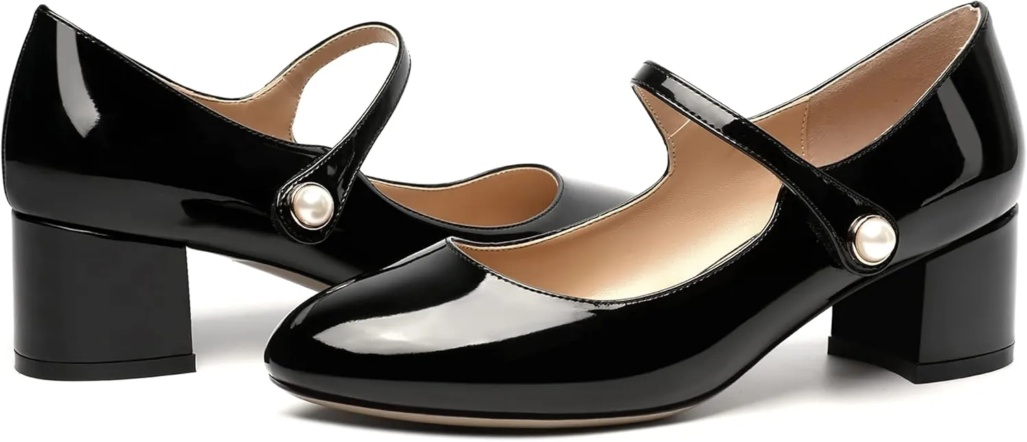 ROSERWISH Womens Strap Patent Ankle Strap Uniform Cute Round Toe Chunky Low Heel Pumps Shoes 2 Inch