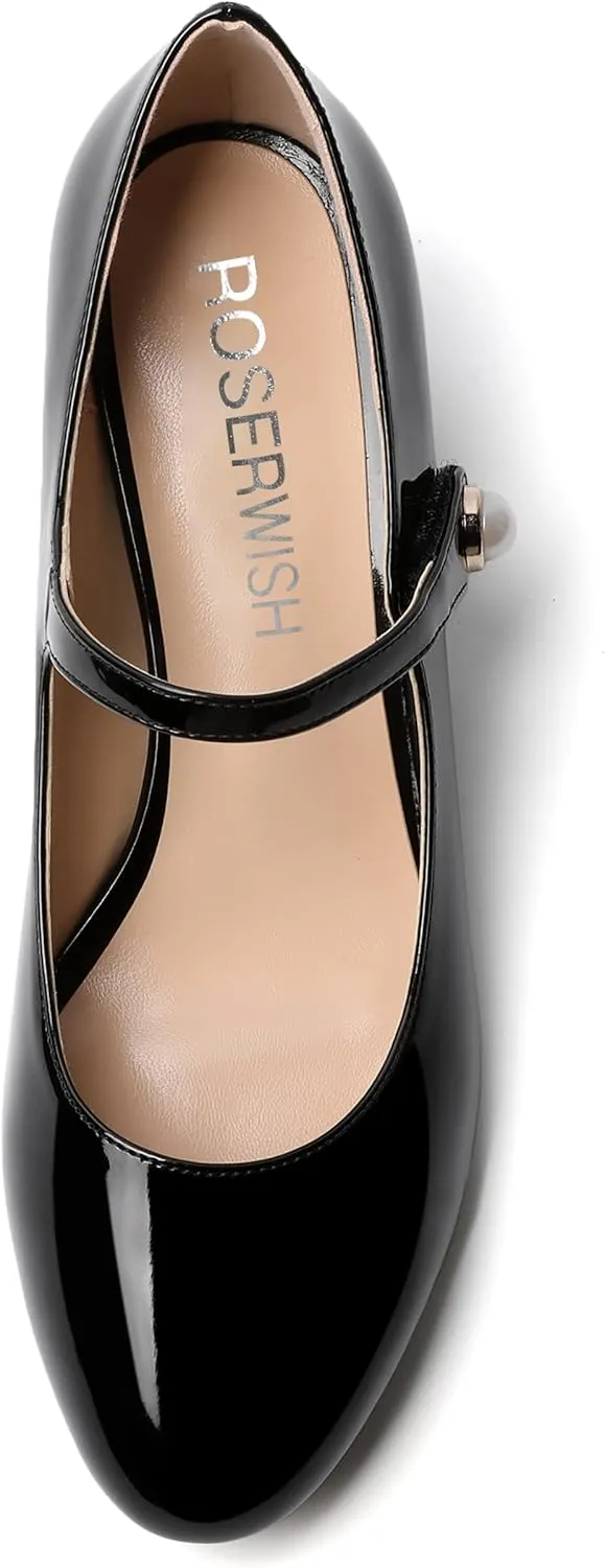 ROSERWISH Womens Strap Patent Ankle Strap Uniform Cute Round Toe Chunky Low Heel Pumps Shoes 2 Inch