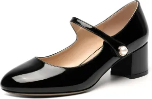 ROSERWISH Womens Strap Patent Ankle Strap Uniform Cute Round Toe Chunky Low Heel Pumps Shoes 2 Inch