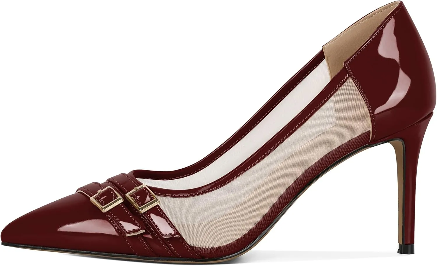 SAMMITOP High Heels Pumps for Women Closed Pointed Toe Slip On Stilettos Buckle Patent Mesh Dress Pump Shoes for Party Office 3.5 Inch