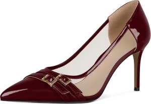 SAMMITOP High Heels Pumps for Women Closed Pointed Toe Slip On Stilettos Buckle Patent Mesh Dress Pump Shoes for Party Office 3.5 Inch
