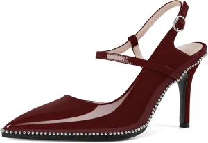 SAMMITOP Women Slingback Heels Ankle Strap Beaded D'Orsay Stiletto High Heel Close Pointed Toe Wedding Dress Pumps Shoes 3.5 Inch