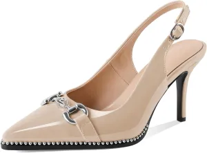 SAMMITOP Women Slingback High Heel Pumps Closed Pointed Toe Beaded Buckle Strap Slip On Stilettos 3.5 Inch Dress Pumps Shoes