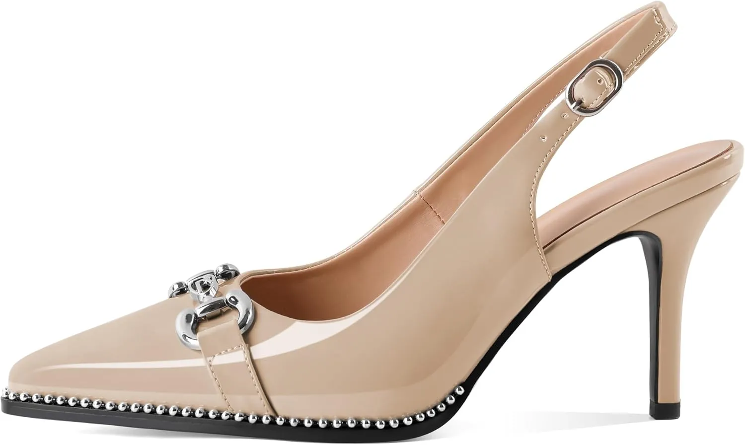 SAMMITOP Women Slingback High Heel Pumps Closed Pointed Toe Beaded Buckle Strap Slip On Stilettos 3.5 Inch Dress Pumps Shoes