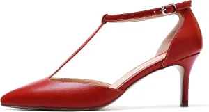 SAMMITOP Women's Kitten Heel Pointed Toe Pumps Ankle Strap Mid Heel T-bar Dress Shoes