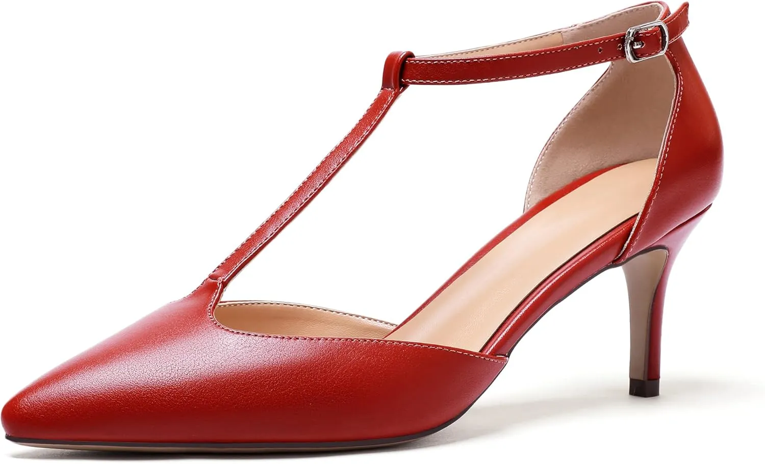 SAMMITOP Women's Kitten Heel Pointed Toe Pumps Ankle Strap Mid Heel T-bar Dress Shoes
