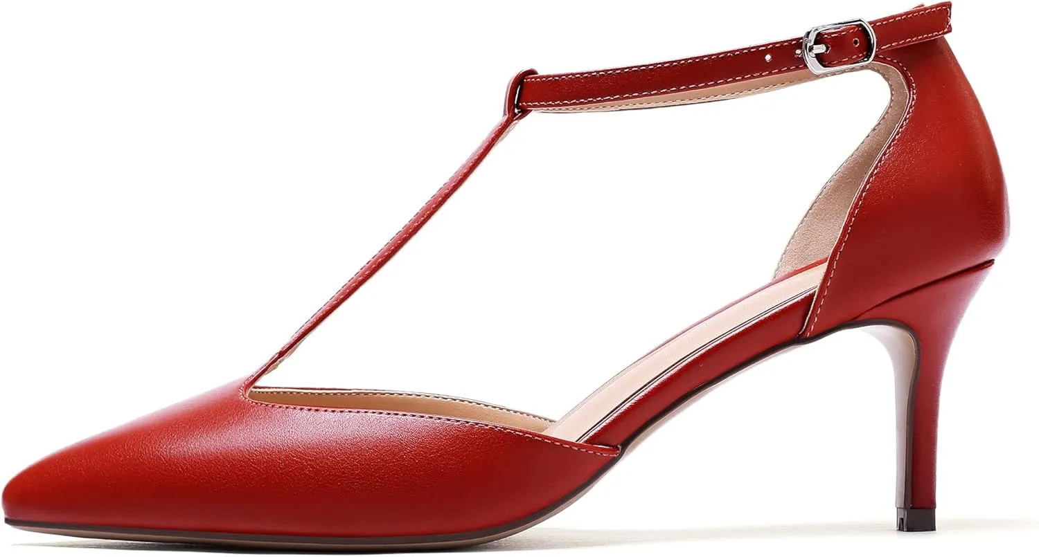 SAMMITOP Women's Kitten Heel Pointed Toe Pumps Ankle Strap Mid Heel T-bar Dress Shoes