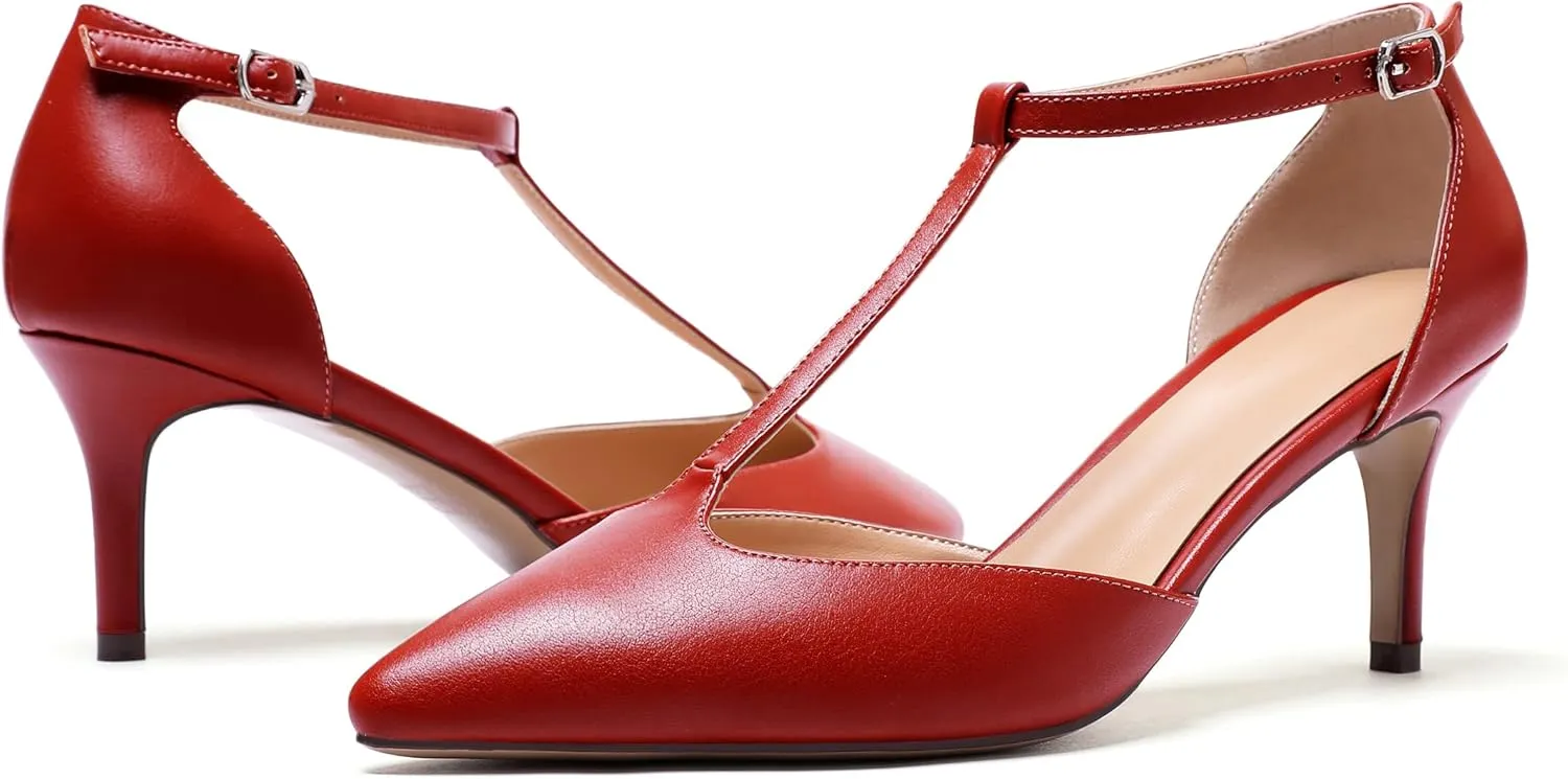 SAMMITOP Women's Kitten Heel Pointed Toe Pumps Ankle Strap Mid Heel T-bar Dress Shoes
