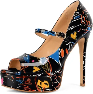 SAMMITOP Women's Peep Toe High Heels Platform Stiletto Pumps Patent Mary Jane Heels 5.5" Party Wedding Dress Shoes