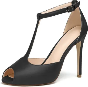 SAMMITOP Women's Peep Toe T-Strap Sandals Ankle Strap Buckle Closure High Heel Dress Shoes