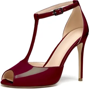SAMMITOP Women's Peep Toe T-Strap Sandals Ankle Strap Buckle Closure High Heel Dress Shoes