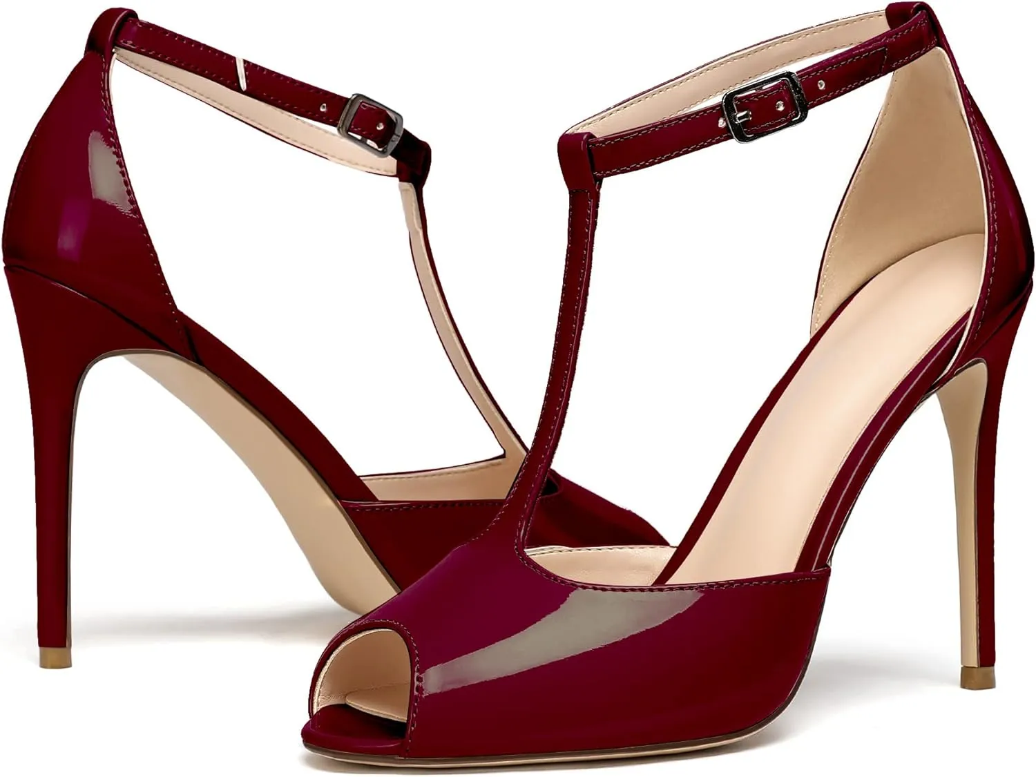 SAMMITOP Women's Peep Toe T-Strap Sandals Ankle Strap Buckle Closure High Heel Dress Shoes