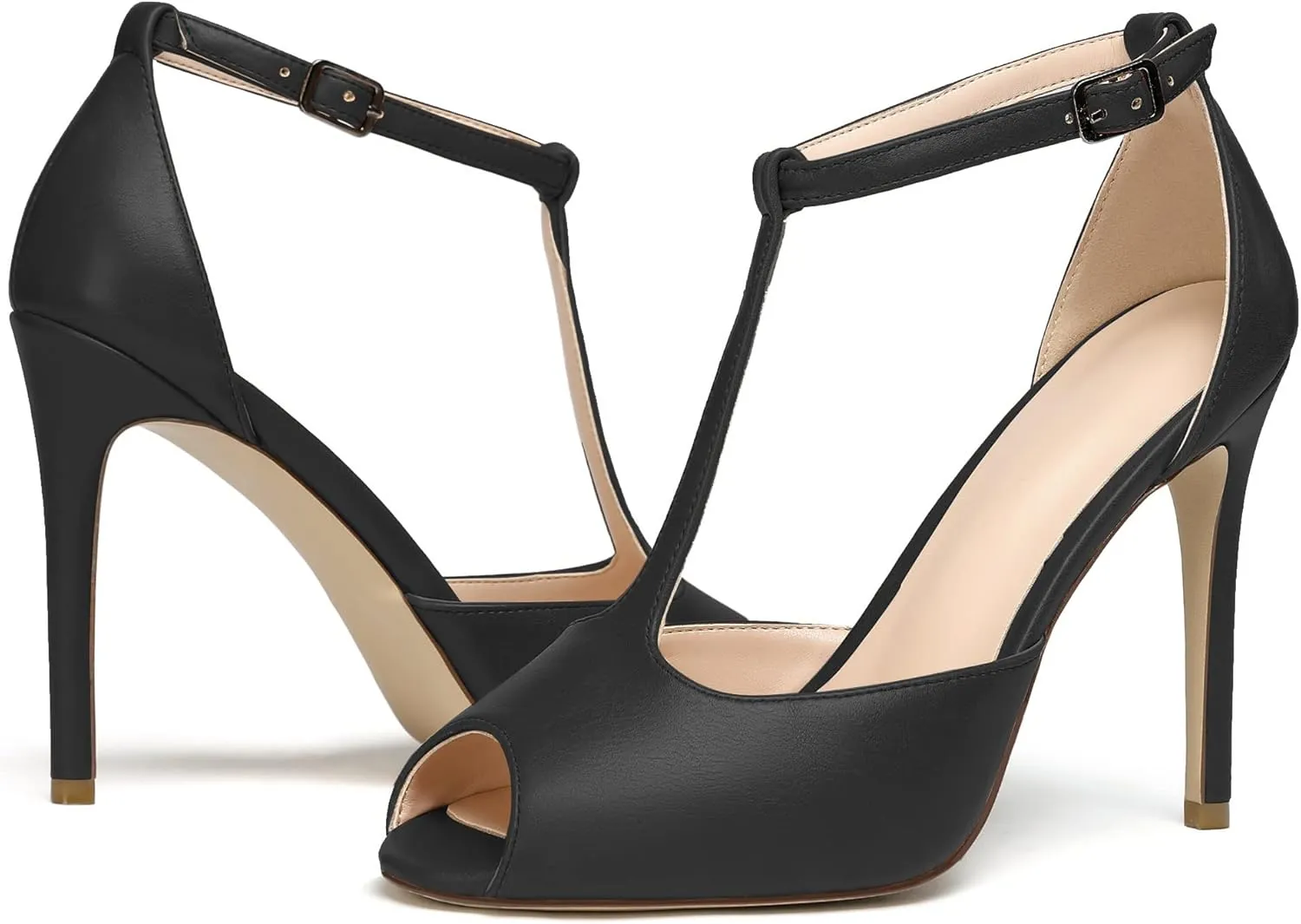 SAMMITOP Women's Peep Toe T-Strap Sandals Ankle Strap Buckle Closure High Heel Dress Shoes