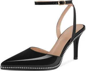 SAMMITOP Women's Slingback High Heels Strappy Closed Ponited Toe Stilettos Silver Beaded Ankle Strap Wedding Party Dress Pumps Shoes 3.5 Inch