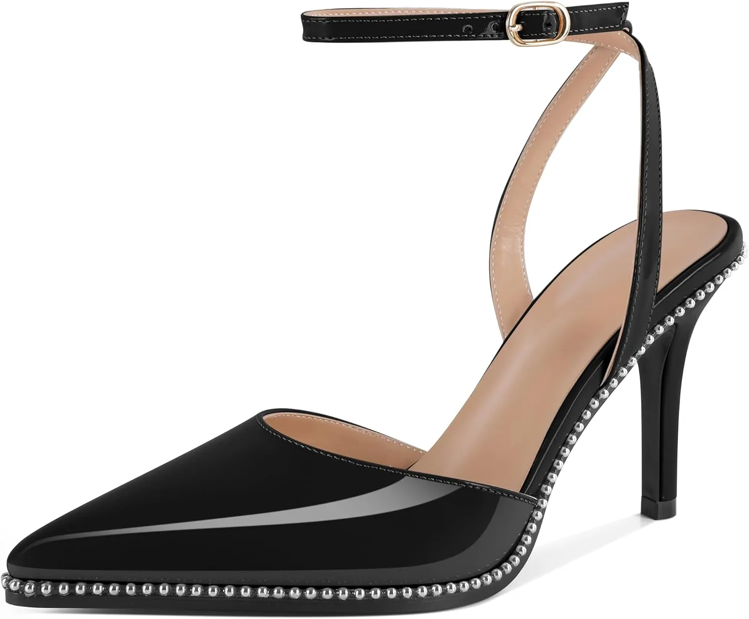 SAMMITOP Women's Slingback High Heels Strappy Closed Ponited Toe Stilettos Silver Beaded Ankle Strap Wedding Party Dress Pumps Shoes 3.5 Inch