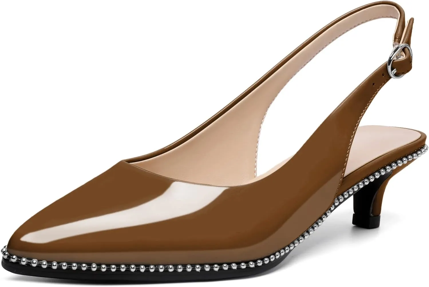 SAMMITOP Women's Slingback Kitten Heels Pointed Toe Low Heel Beaded Pumps with Ankle Strap Wedding Party Dressy Court Patent Shoes