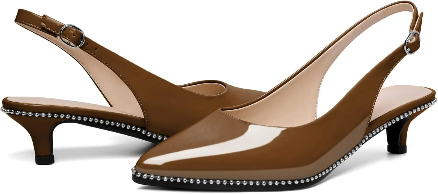 SAMMITOP Women's Slingback Kitten Heels Pointed Toe Low Heel Beaded Pumps with Ankle Strap Wedding Party Dressy Court Patent Shoes