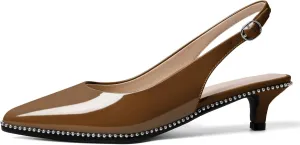 SAMMITOP Women's Slingback Kitten Heels Pointed Toe Low Heel Beaded Pumps with Ankle Strap Wedding Party Dressy Court Patent Shoes