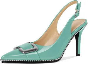 SAMMITOP Womens Slingback Stiletto High Heels Closed Pointed Toe Pumps Beaded Metal Buckle Sexy Office Dress Shoes 3.5 Inch