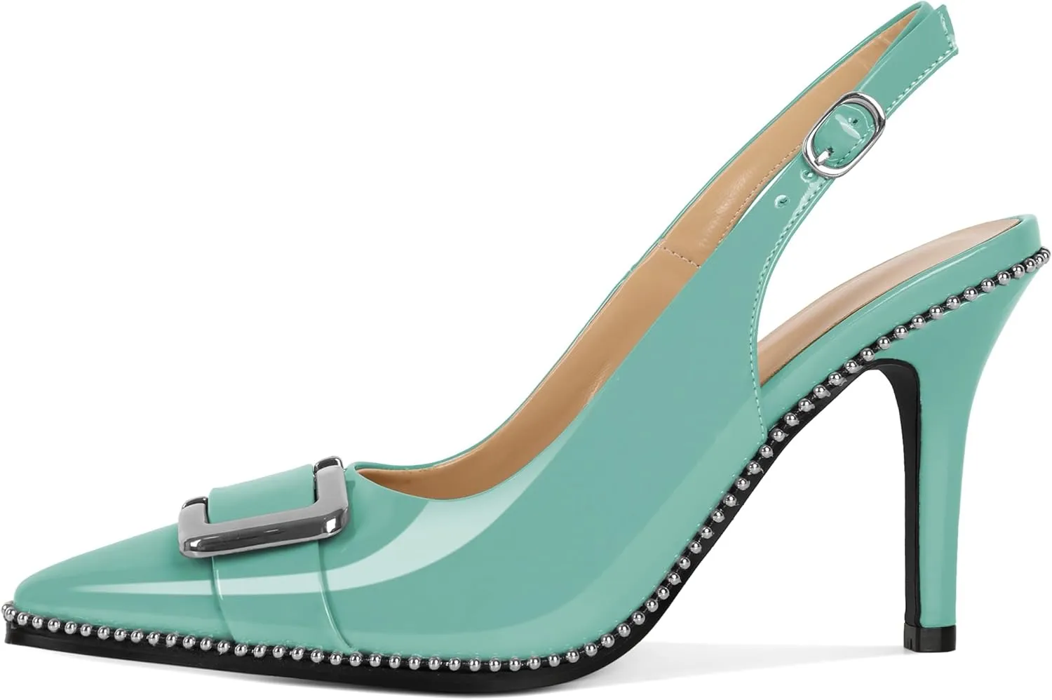SAMMITOP Womens Slingback Stiletto High Heels Closed Pointed Toe Pumps Beaded Metal Buckle Sexy Office Dress Shoes 3.5 Inch