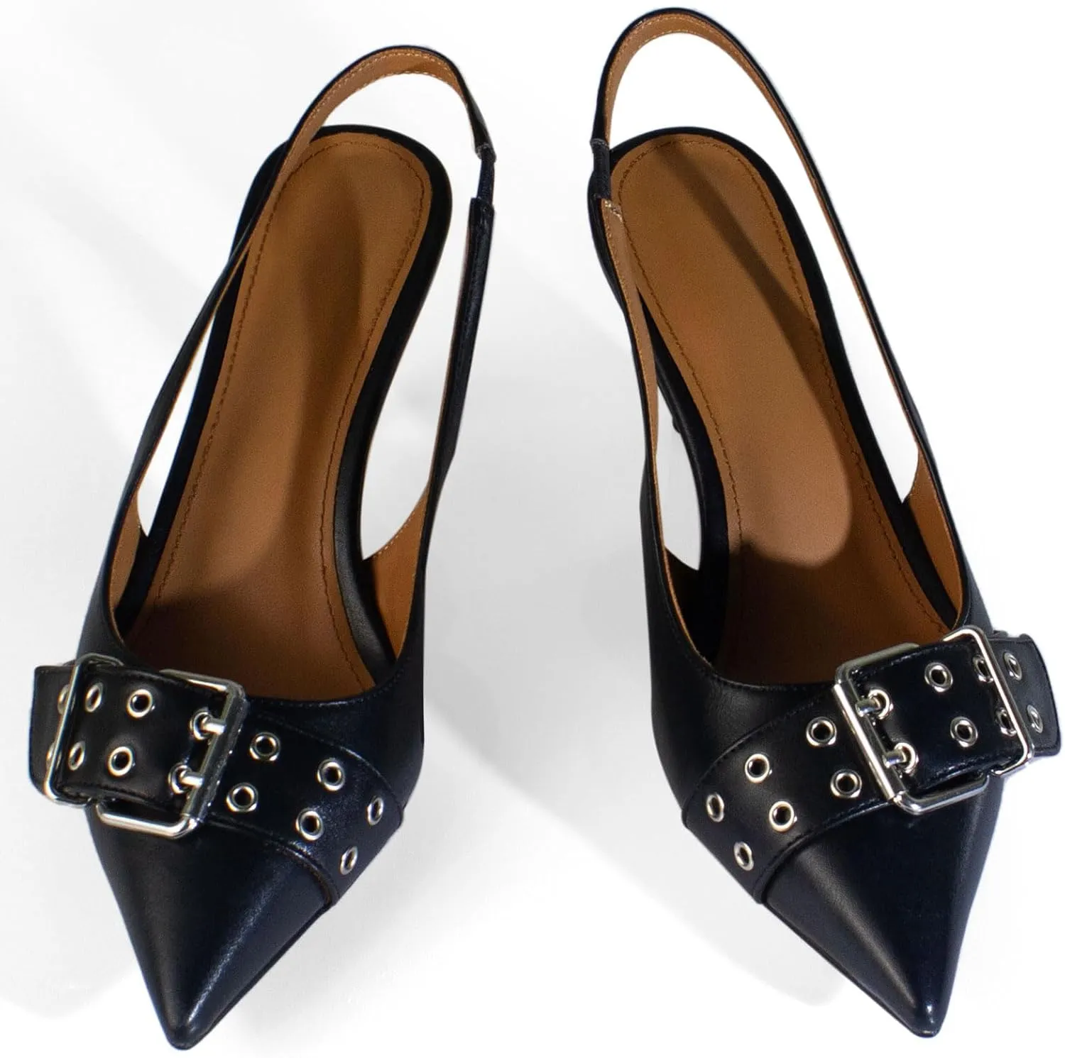 sarawill Women's Sexy Pointed Toe Slingback Stiletto Heel Fashion Grommets with Buckle High Heel Pumps Comfort Slip On Closed Toe Wedding Office Dress Slingback Shoes for Women
