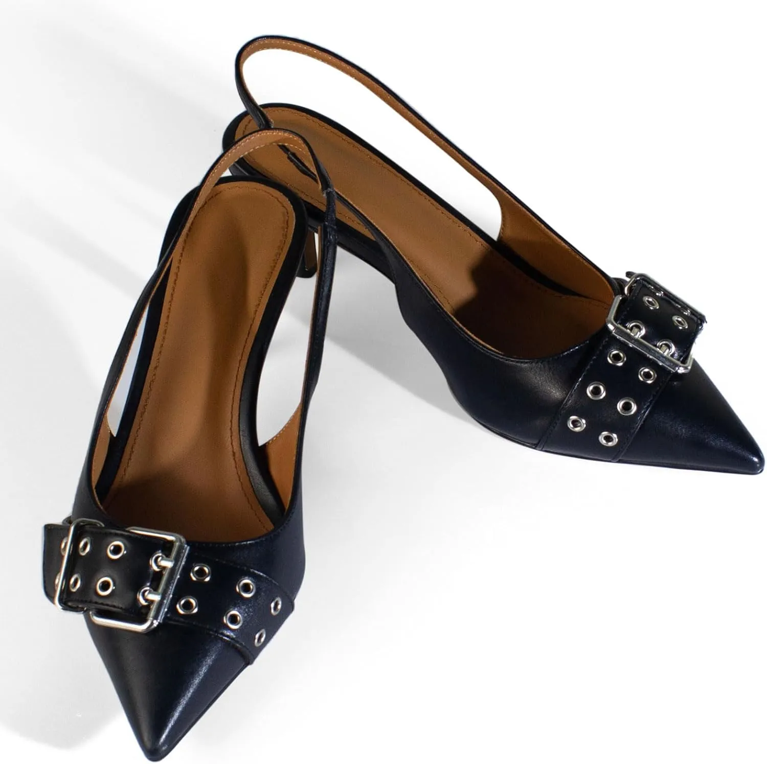 sarawill Women's Sexy Pointed Toe Slingback Stiletto Heel Fashion Grommets with Buckle High Heel Pumps Comfort Slip On Closed Toe Wedding Office Dress Slingback Shoes for Women