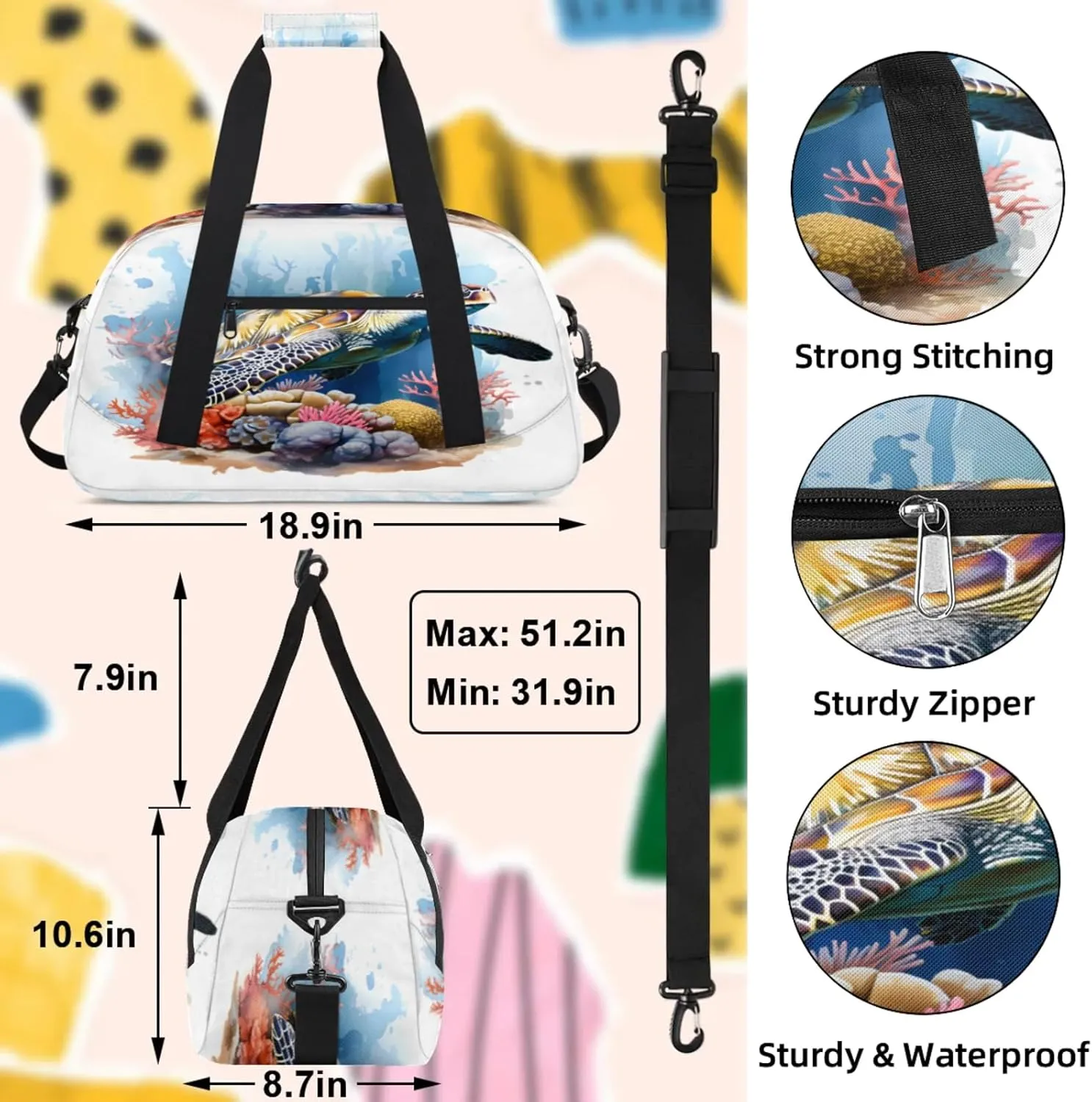 Sea Turtles Small Gym Bag 18 inch Carry On Duffel Bag for Weekender Travel Sports Workout Yoga Gymnastics Dance Ballet