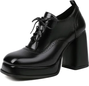 SEIFIN Women's Block High Heel Platform Pumps Square Toe Lace Up Ankle Booties Chunky Wingtip Oxford Dress Shoes