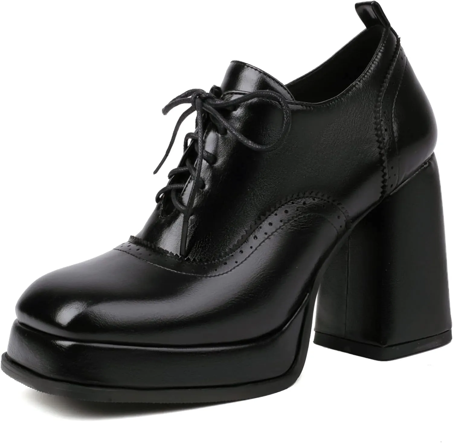 SEIFIN Women's Block High Heel Platform Pumps Square Toe Lace Up Ankle Booties Chunky Wingtip Oxford Dress Shoes