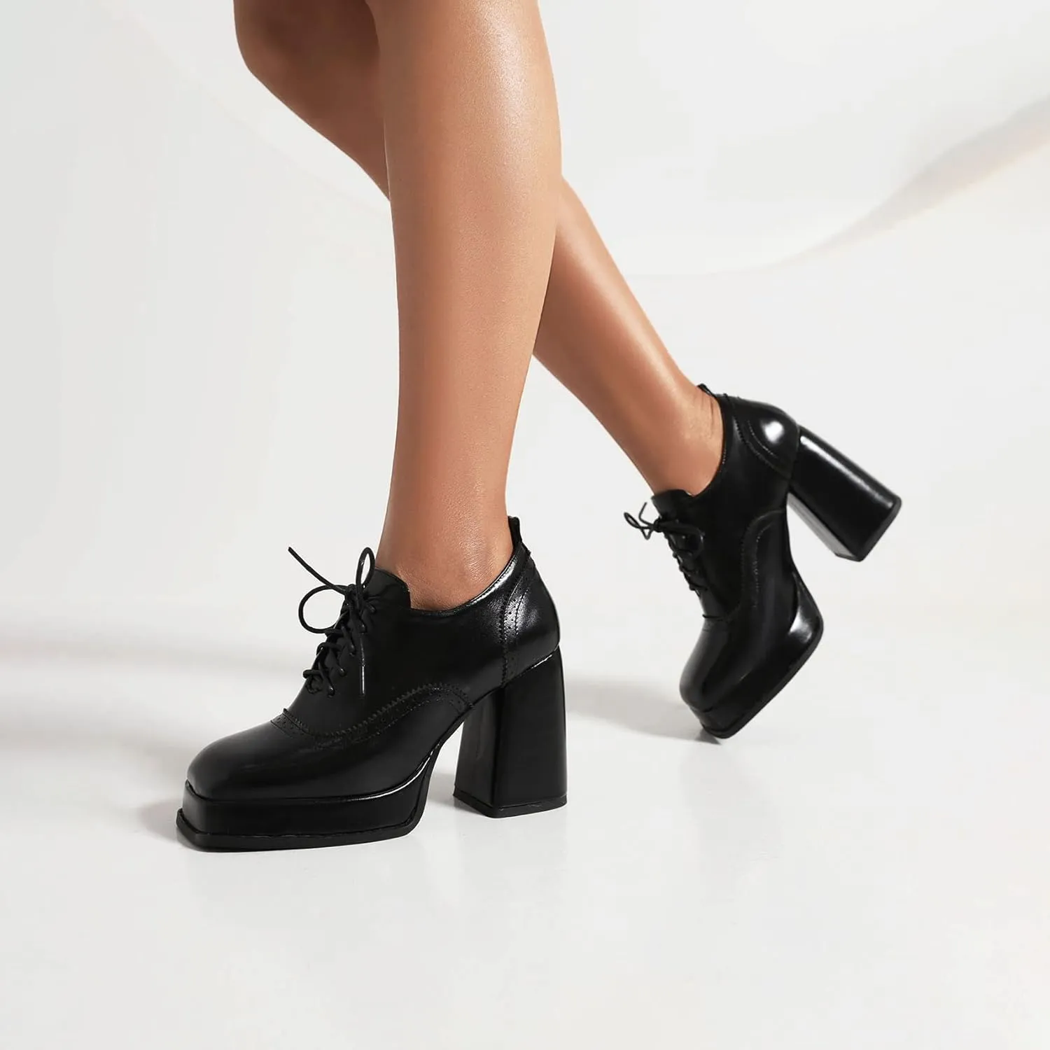 SEIFIN Women's Block High Heel Platform Pumps Square Toe Lace Up Ankle Booties Chunky Wingtip Oxford Dress Shoes