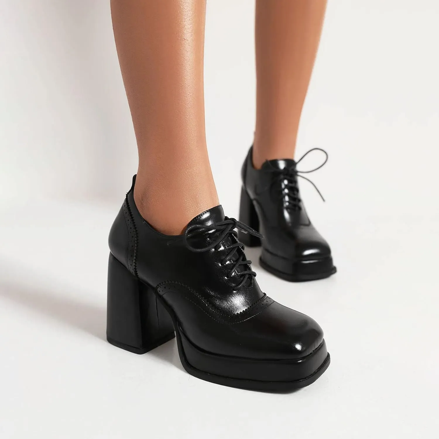 SEIFIN Women's Block High Heel Platform Pumps Square Toe Lace Up Ankle Booties Chunky Wingtip Oxford Dress Shoes