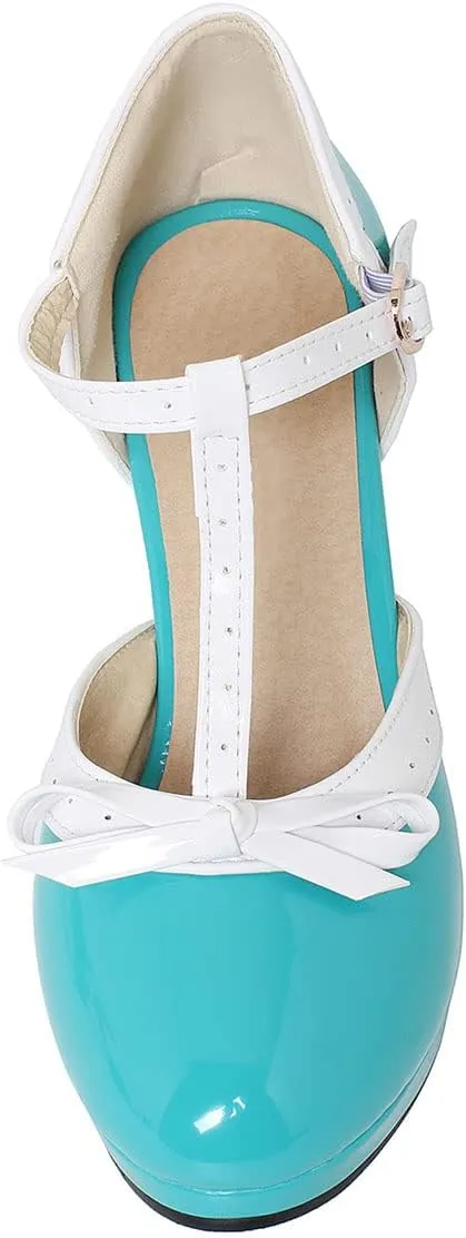 SHEMEE Women's Block High Heels T-Strap Mary Jane Pumps Chunky Platform Ankle Strap Round Toe Cute Bow Kawaii Cosplay Shoes
