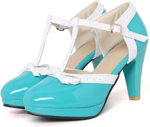 SHEMEE Women's Block High Heels T-Strap Mary Jane Pumps Chunky Platform Ankle Strap Round Toe Cute Bow Kawaii Cosplay Shoes
