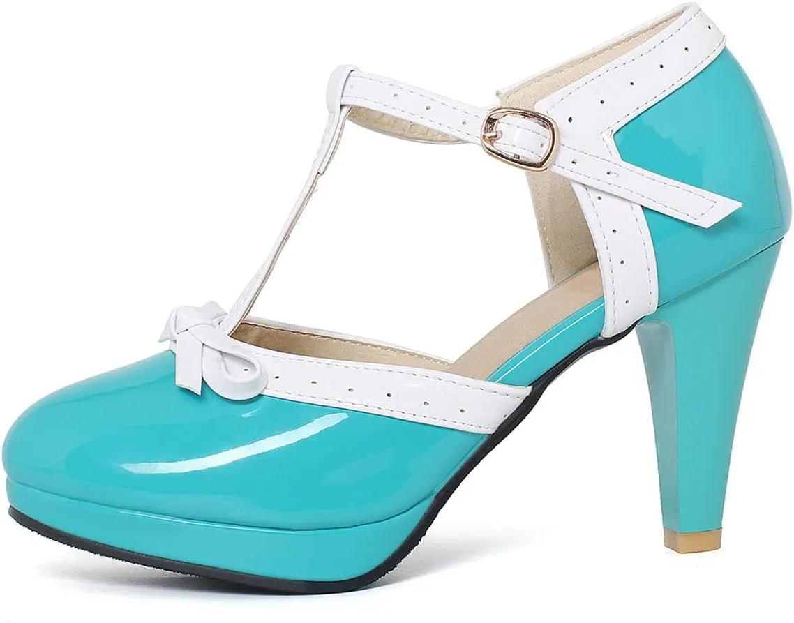 SHEMEE Women's Block High Heels T-Strap Mary Jane Pumps Chunky Platform Ankle Strap Round Toe Cute Bow Kawaii Cosplay Shoes