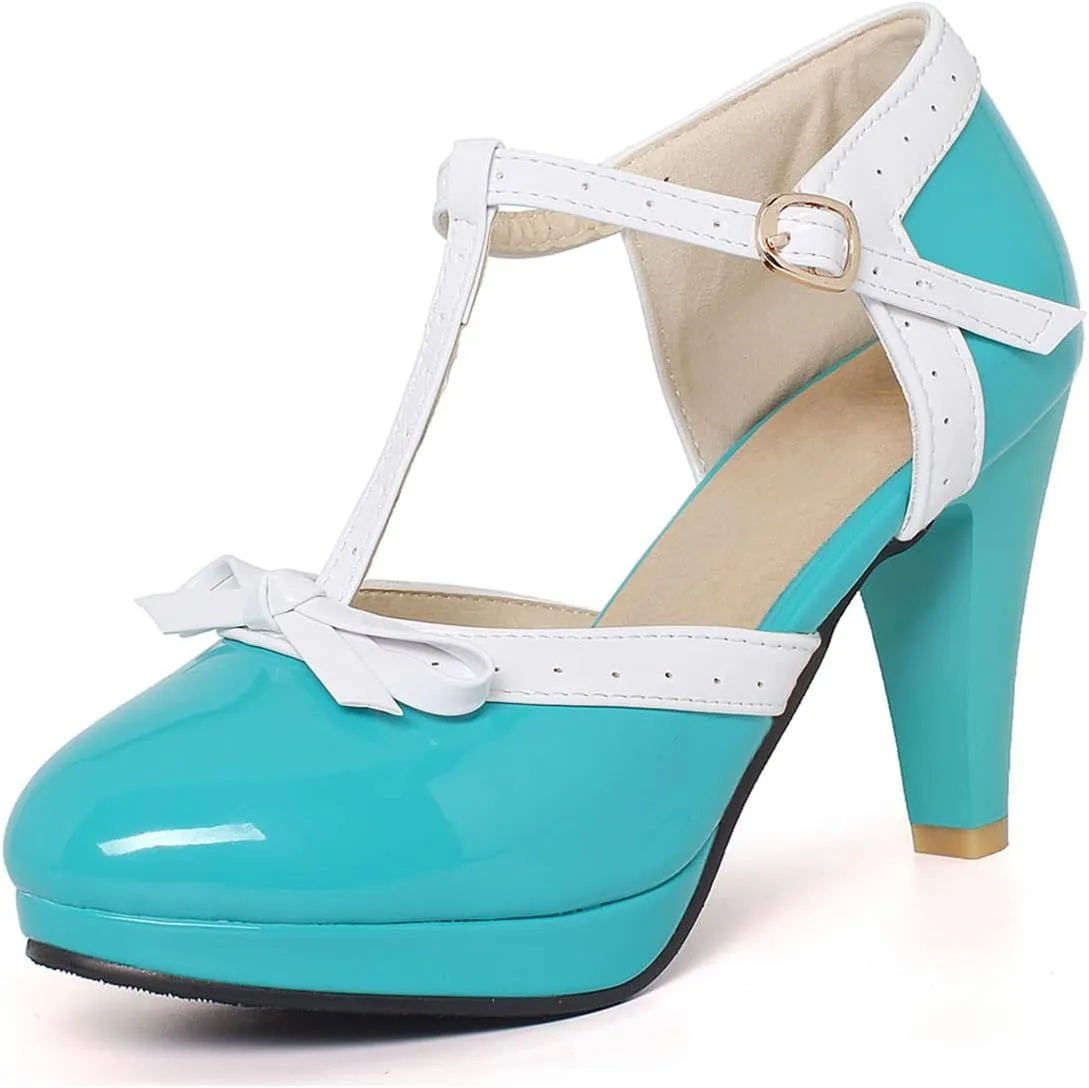 SHEMEE Women's Block High Heels T-Strap Mary Jane Pumps Chunky Platform Ankle Strap Round Toe Cute Bow Kawaii Cosplay Shoes