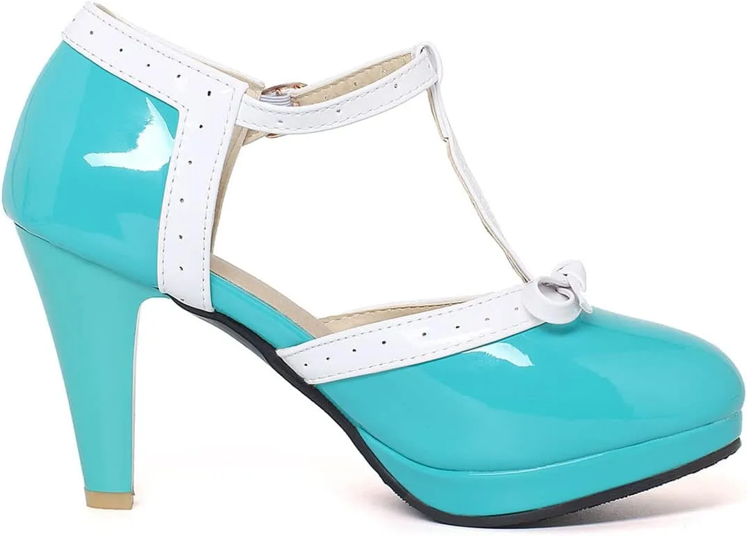 SHEMEE Women's Block High Heels T-Strap Mary Jane Pumps Chunky Platform Ankle Strap Round Toe Cute Bow Kawaii Cosplay Shoes