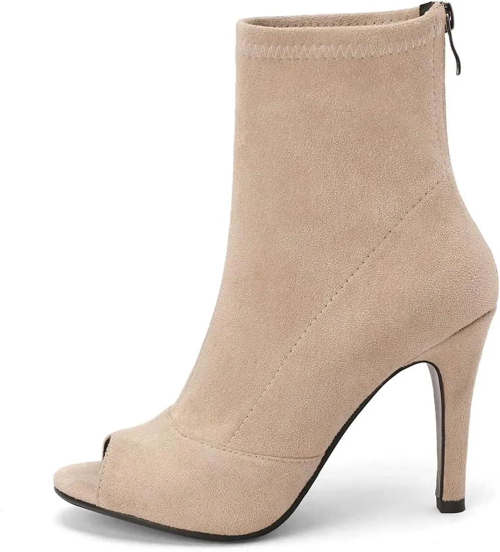SHEMEE Women's Summer Peep Toe Stiletto High Heels Ankle Boots Faux Suede Open Toe Sandals Booties Shoes with Back Zipper