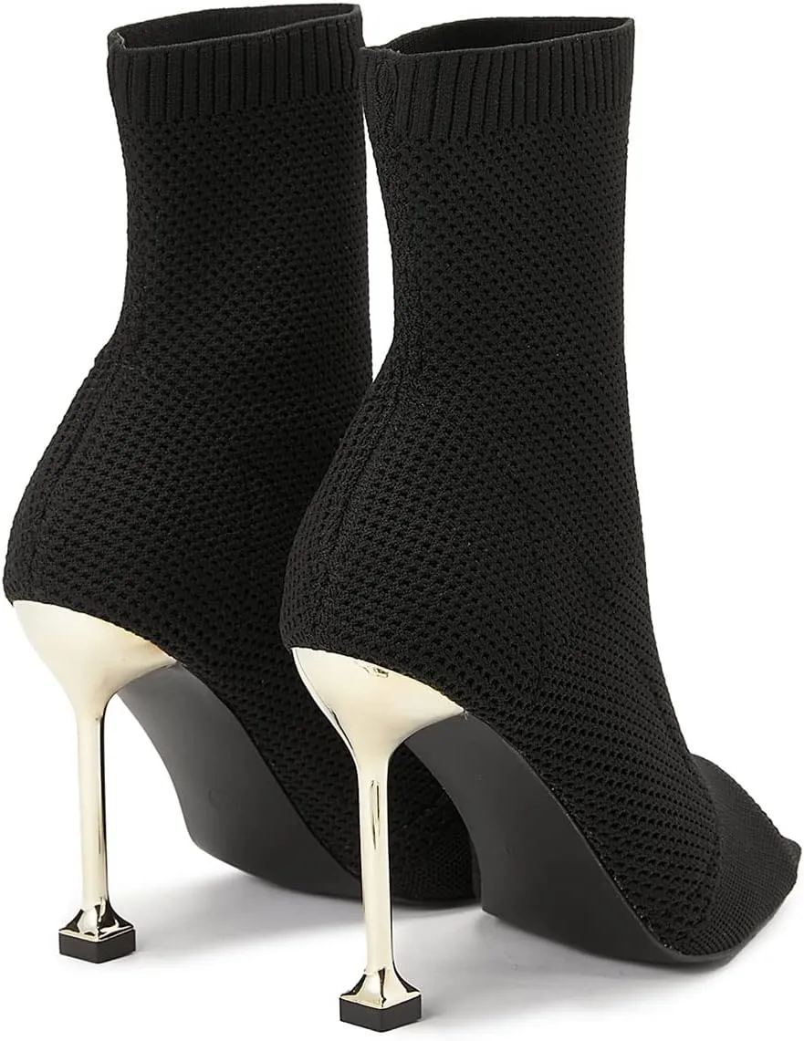 SHEMEE Women's Summer Square Peep Toe Woven Knit Stretch Sock Booties Stiletto High Heels Ankle Boots Sandals