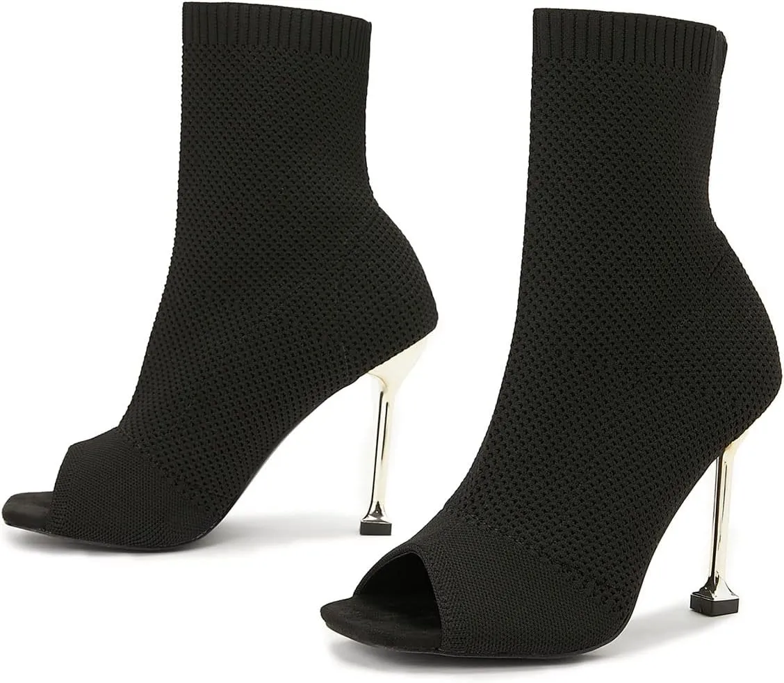 SHEMEE Women's Summer Square Peep Toe Woven Knit Stretch Sock Booties Stiletto High Heels Ankle Boots Sandals