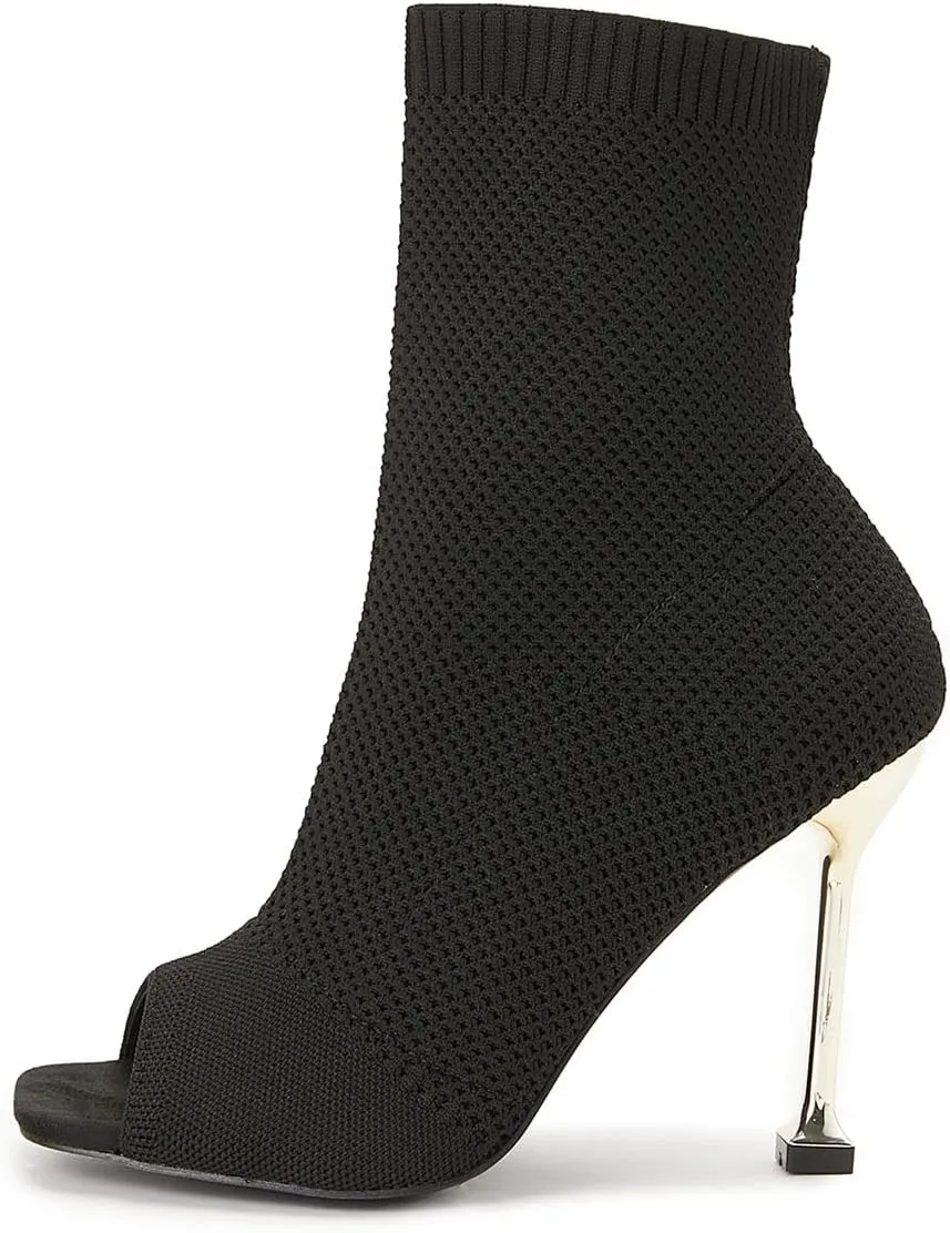 SHEMEE Women's Summer Square Peep Toe Woven Knit Stretch Sock Booties Stiletto High Heels Ankle Boots Sandals