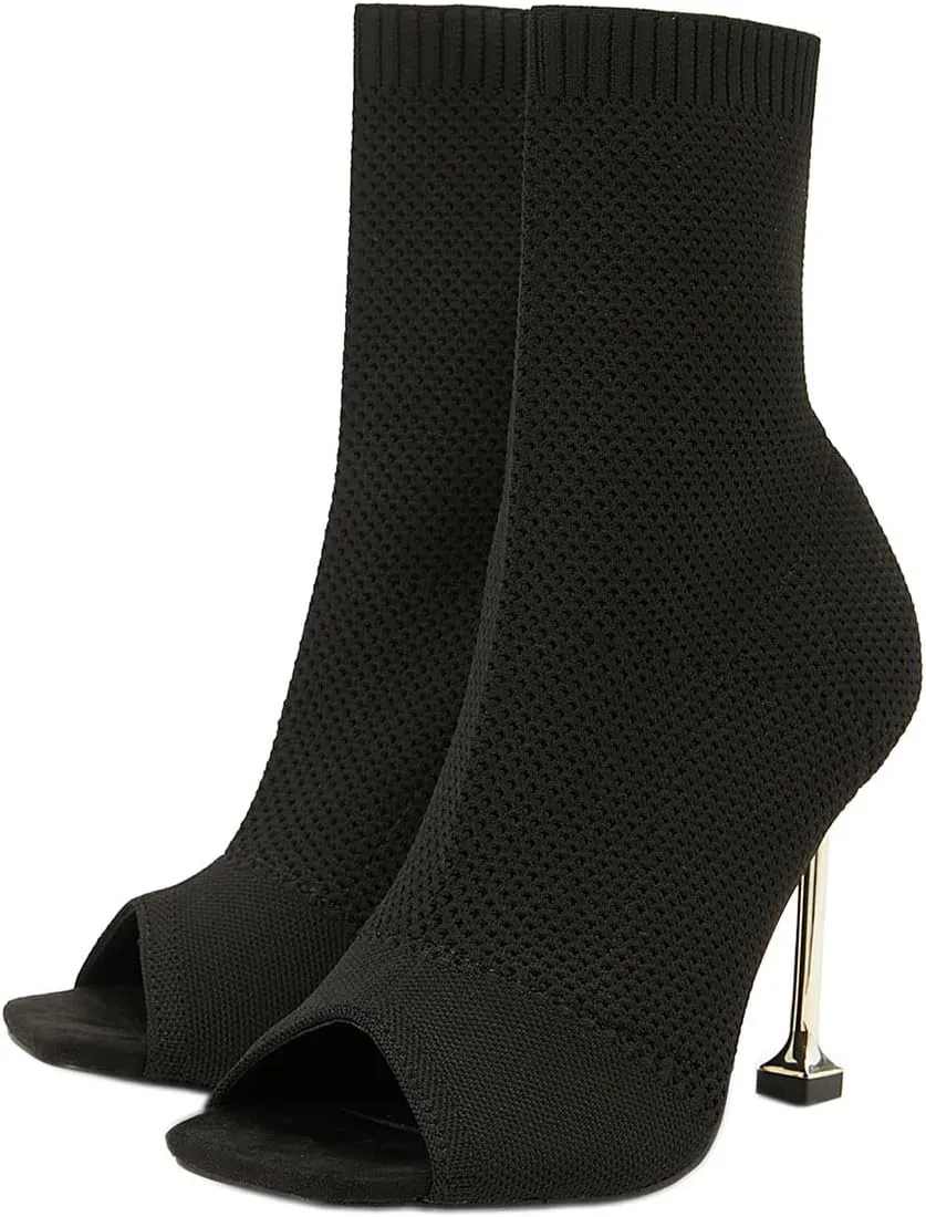 SHEMEE Women's Summer Square Peep Toe Woven Knit Stretch Sock Booties Stiletto High Heels Ankle Boots Sandals