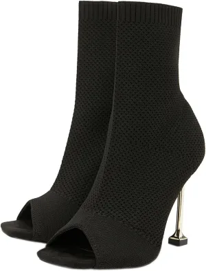 SHEMEE Women's Summer Square Peep Toe Woven Knit Stretch Sock Booties Stiletto High Heels Ankle Boots Sandals
