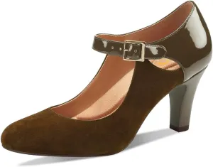 SHODENSE Women Kitten Heel Mary Jane Pumps Round Closed Toe Ankle Strap Mary Janes Patchwork 3 Inch Mid Chunky Heel Dress Sandal Pumps Two Tone Buckle Cutout Shoes Vintage Office Summer 4-13 M US